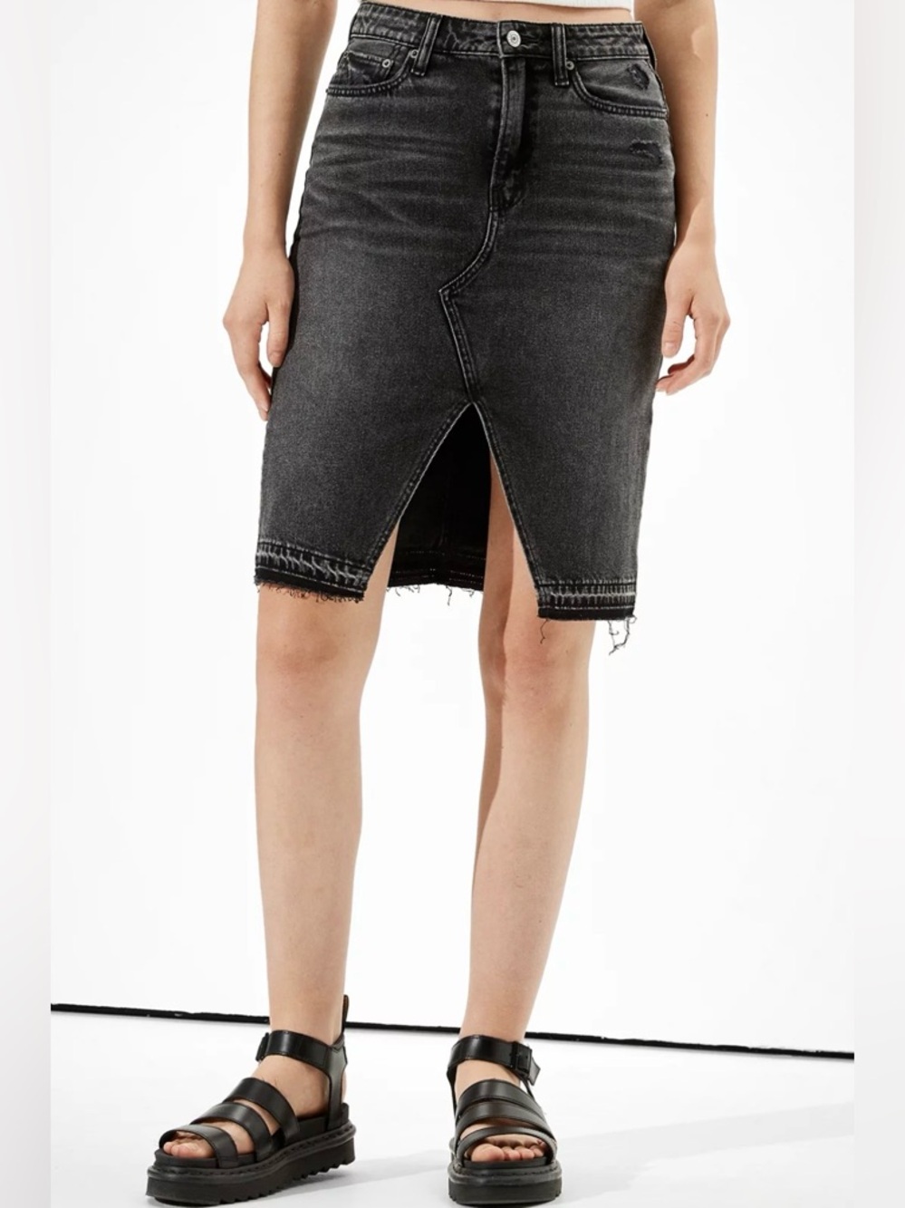 American Eagle Outfitters Black Washed High-Rise Denim Midi Skirt